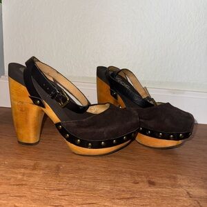 Brown Leather Mules with Wooden Platform